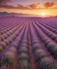 Fototapeta premium Golden hour illuminates endless rows of lavender, dramatic sunrise backdrop , summer, sunrise