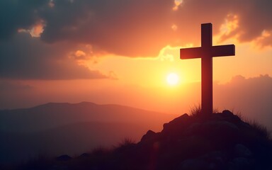 Glowing Christian cross on hilltop at sunset with dramatic sky. Easter, Good Friday symbol. Hope and faith concept for religious greeting card or church banner. High quality
