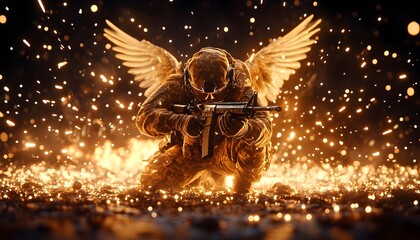 A soldier with angel wings kneels in a field of fire, holding a rifle