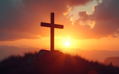 Glowing Christian cross on hilltop at sunset with dramatic sky. Easter, Good Friday symbol. Hope and faith concept for religious greeting card or church banner. High quality