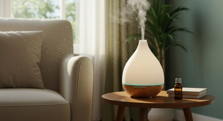 Aroma diffuser on table near sofa with steam and plant in background.