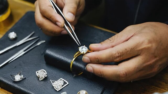 Jeweler working on a diamond ring close up showcasing craftsmanship