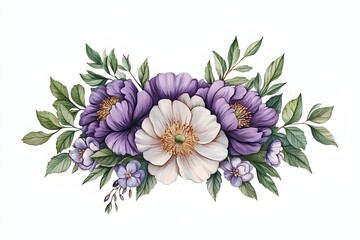 A watercolor bouquet of purple and white flowers with green leaves