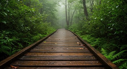 Obraz premium Wooden boardwalk path through a lush green forest with fog in the background.