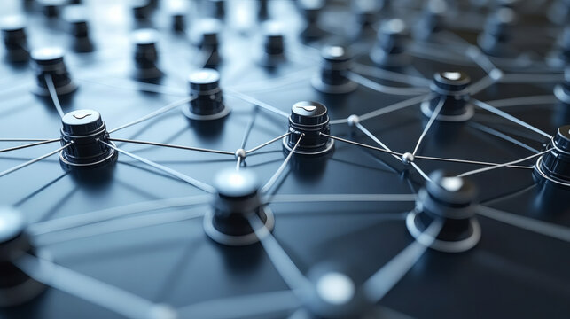 Abstract network connection with pins and lines representing digital data
