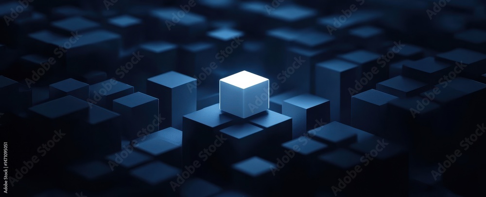 Poster illuminated cube in dark abstract geometry