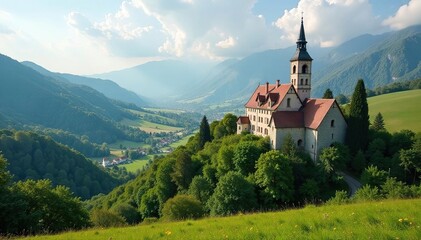 Fototapeta premium A tranquil scene of a Benedictine monastery nestled amongst rolling hills , monastery, abbey