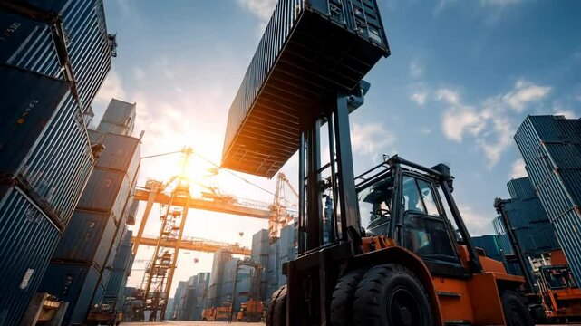 A forklift lifts a shipping container in a bustling port setting during sunset, surrounded by stacks of cargo containers.
