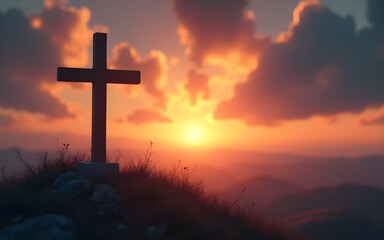 Obraz premium Glowing Christian cross on hilltop at sunset with dramatic sky. Easter, Good Friday symbol. Hope and faith concept for religious greeting card or church banner. High quality