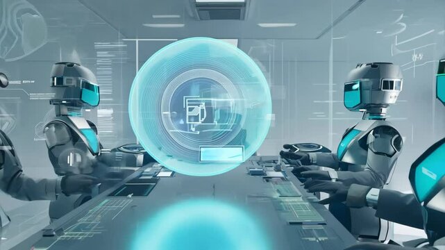 Robot Meeting Future Tech Innovation, AI Conference in a Modern Boardroom 4K.