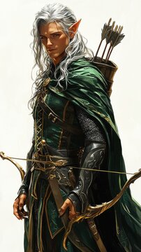 A handsome elven archer with long white hair and a green cloak stands ready with his bow and arrows against a plain background, exuding quiet strength and grace.