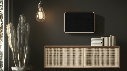 Modern room with a dark wall,  wooden cabinet and  plant
