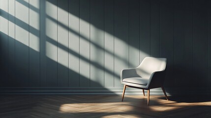 Modern room with light-filled chair.  Sunlight streams into a muted interior