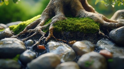 Obraz premium Tranquil tree root system cradled by vivid moss and smooth river stones