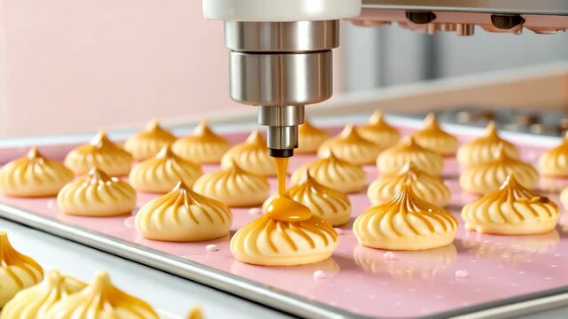 Automated Pastry Production Line Delicious Cream Puffs Receiving Caramel Topping Modern Bakery Equipment Food Manufacturing Process Sweet Treats Industrial Kitchen