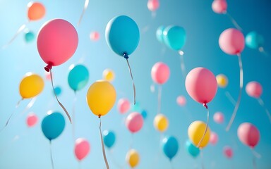 Many colorful balloons float in a bright blue sky. Pink, yellow, and blue balloons of varying sizes create a festive and joyful scene. High quality