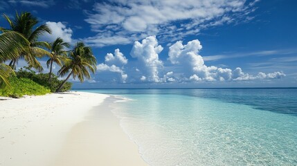 Fototapeta premium Idyllic tropical beach scene with turquoise water and vibrant blue sky