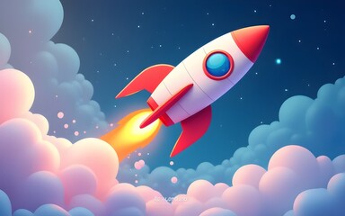 A vibrant rocket soaring through a dreamy sky, embarking on a thrilling interstellar adventure, with flat design and bold colors. High quality