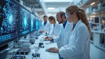 Team of scientists in a modern research laboratory analyzes complex data and experiments, working on multiple computer screens and electronic equipment carefully.