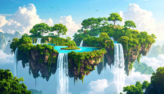 Enchanting Floating Island Paradise: Lush Waterfall Oasis Wallpaper