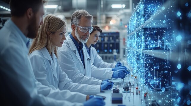 A diverse group of scientists in lab coats carefully conduct research and analyze data at a modern laboratory bench with advanced digital technology overlaying it. - Powered by Adobe