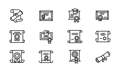 Black Outline Graduation and Diploma Icons Set. Twelve black outline icons of diplomas, certificates, and graduation-related items.