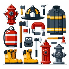 Vector illustration of firefighter equipment collection, including helmet, fire extinguisher, axe, hose, boots, and fire hydrant, flat design, isolated on white background, clean and colorful style