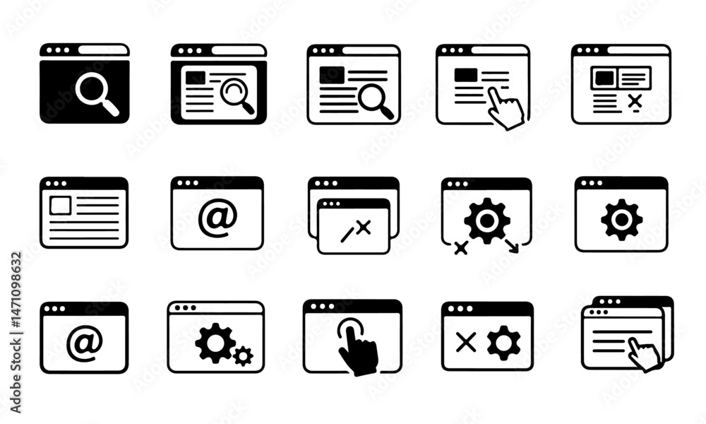 Poster black web seo icons set representing web seo, featuring browser windows with search symbols, the @ s