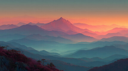 Stunning layered mountain landscape at sunrise gradient flat design serene natural environment
