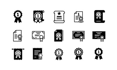 Black First Place Icons Set.  icons representing first place awards, featuring ribbons, seals, and certificates