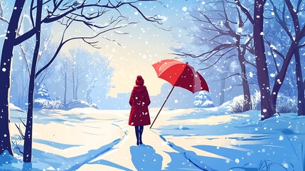Winter scene person with red umbrella in snowy landscape