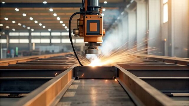 Industrial Robot Welding Metal Beams in Modern Factory Setting showcasing advanced manufacturing technology and precision robotic automation for structural steel fabrication