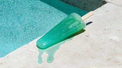 Refreshing summer treat: Green popsicle melting by the pool on a sunny day