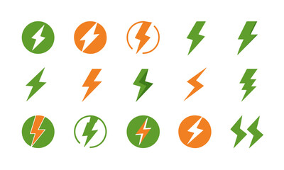 Colorful Lightning Bolt Icons Set. lightning bolt icons in various styles, some enclosed in circles