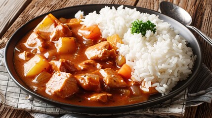 Delicious Asian food consisting of Chop Suey sauce with chicken and rice served attractively on a plate, presenting a mouthwatering meal.