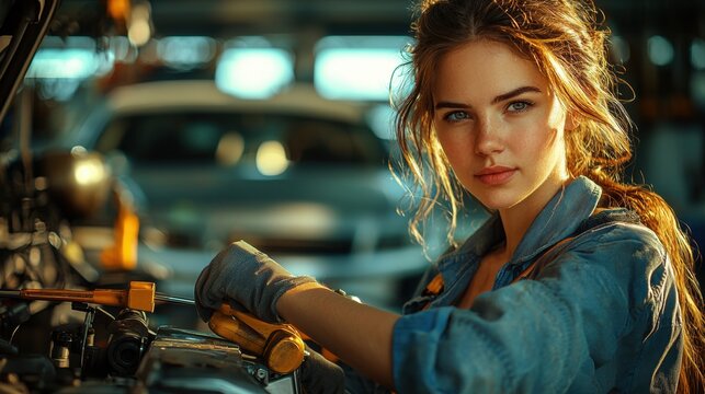 A captivating young female mechanic in blue overalls thoughtfully repairs an engine in a busy garage, showcasing her skill and determination at work today. - Powered by Adobe