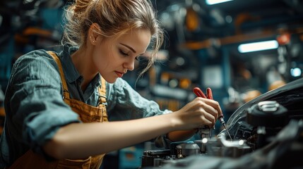 A focused female mechanic in a yellow apron works diligently on a car engine in a busy automotive repair shop with tools and parts surrounding her closely nearby.