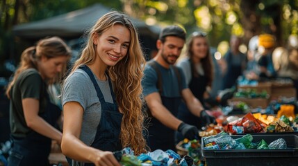 A smiling young woman with long blonde hair volunteers at an outdoor recycling event, sorting plastic and waste materials with a team of environmentally conscious people.