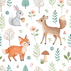 "Seamless Woodland Animal Pattern with Fox, Deer, Rabbit and Forest Elements on White Background"

