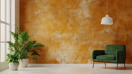 Modern room with warm orange wall,  green armchair, and plants