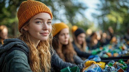 A smiling young woman in an orange knit hat volunteers with other people in the park collecting plastic waste and recycling it to help preserve the environment.
