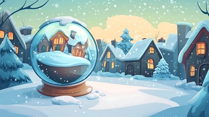 Winter village scene depicted inside a snow globe