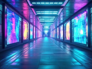 Futuristic neon corridor with glowing displays