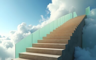 A staircase spiraling into the sky, with each step made of different materials—wood, stone, glass—symbolizing stages of human growth and experience. High quality