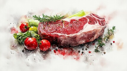 Artistic depiction of a steak with herbs and vegetables.