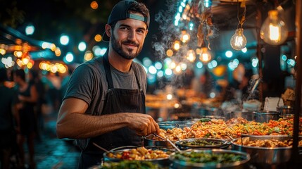 A friendly food vendor in a cap smiles as he stirs noodles and vegetables at his vibrant outdoor food stall with glowing lights du a festive night market scene.