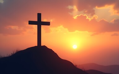 Ascension Day Cross on Hilltop at Sunset &ndash; Christian Faith and Resurrection Symbolism. High quality