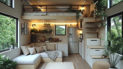 An inviting tiny house interior reveals a cozy living space with plants, a compact kitchen, and a charming loft bedroom, offe a minimalist lifestyle retreat.