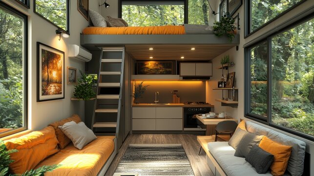 Cozy tiny house interior features a comfortable living area with bright cushions, a compact kitchen, and a loft bedroom overlooking a lush forest landscape.