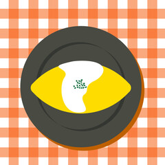 ギンガムチェックの背景にホワイトソースのオムライスのフラットイラスト